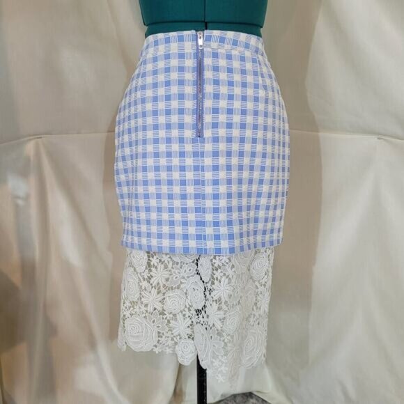 Endless Rose Blue Plaid Skirt with Crocheted Lace Hem - Size Large - Picture 3 of 9